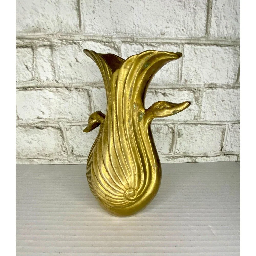 Midcentury Brass Double Swan Vase Planter Art Deco Hollywood Regency...7.5
